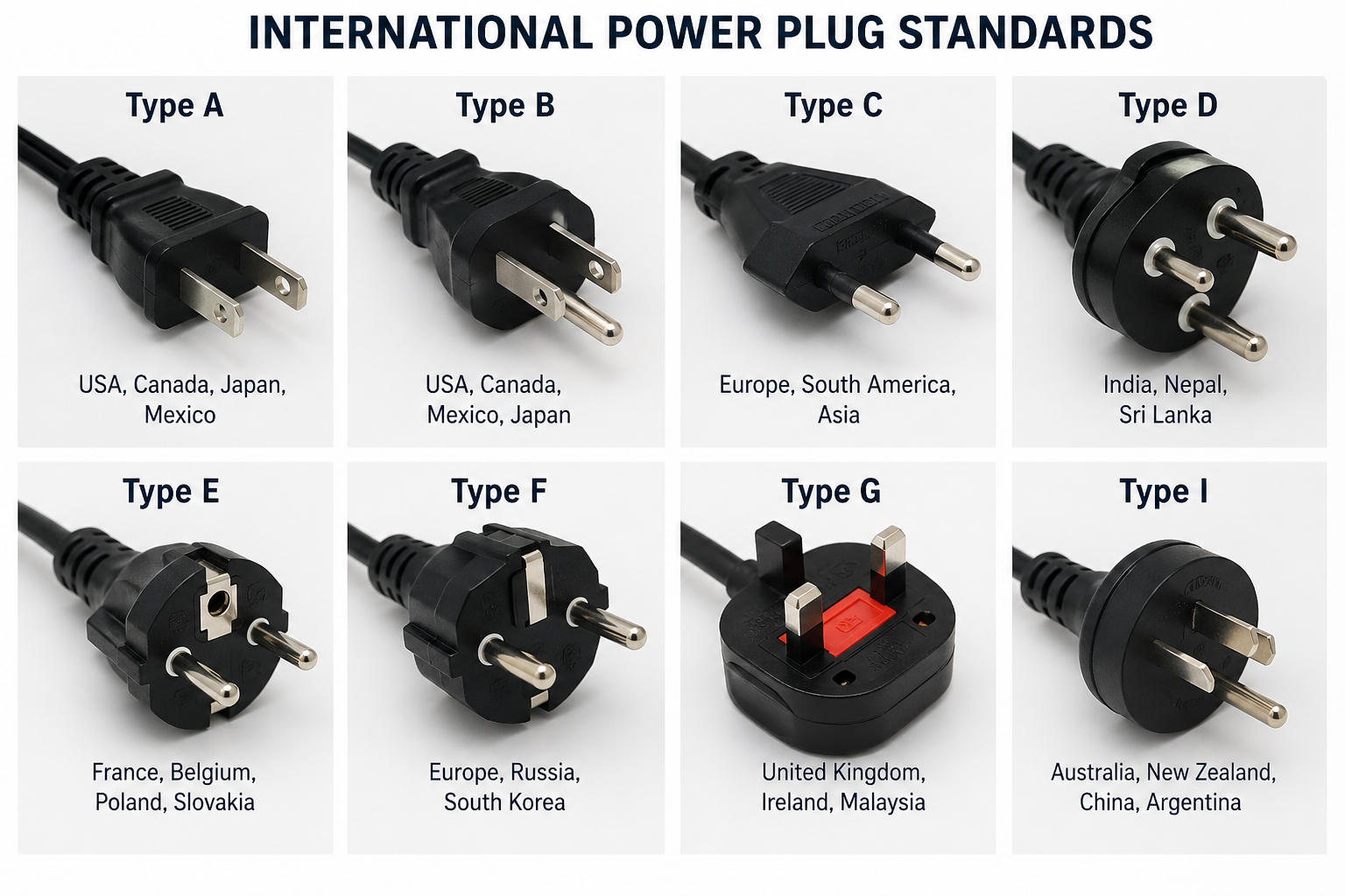 A close-up of different international power plugs next to a medical crash cart